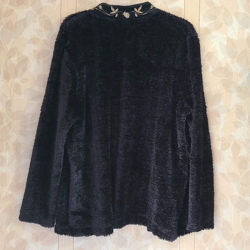 Graff Black Teddy Soft Floral Vines Embroidered Gold Leaf Open Cardigan Large - Picture 6 of 10